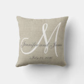 Beige Linen Gray White Monogram Wedding Keepake Kissen (Rückseite)