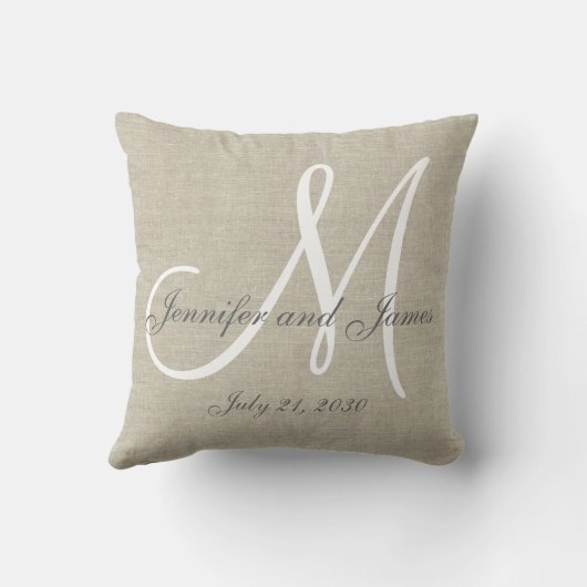 Beige Linen Gray White Monogram Wedding Keepake Kissen (Rückseite)