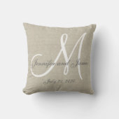 Beige Linen Gray White Monogram Wedding Keepake Kissen (Vorderseite)