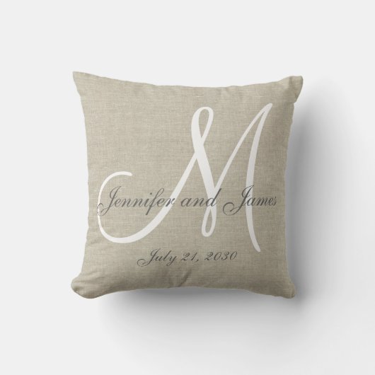 Beige Linen Gray White Monogram Wedding Keepake Kissen (Vorderseite)
