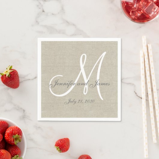 Beige Linen Gray White Monogram Wedding Keepake Serviette (Beispiel)