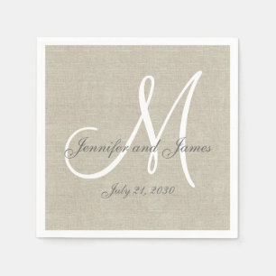 Beige Linen Gray White Monogram Wedding Keepake Serviette