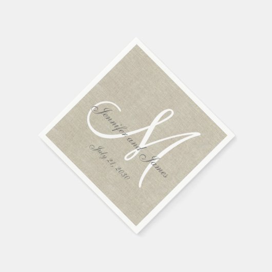 Beige Linen Gray White Monogram Wedding Keepake Serviette (Ecke)