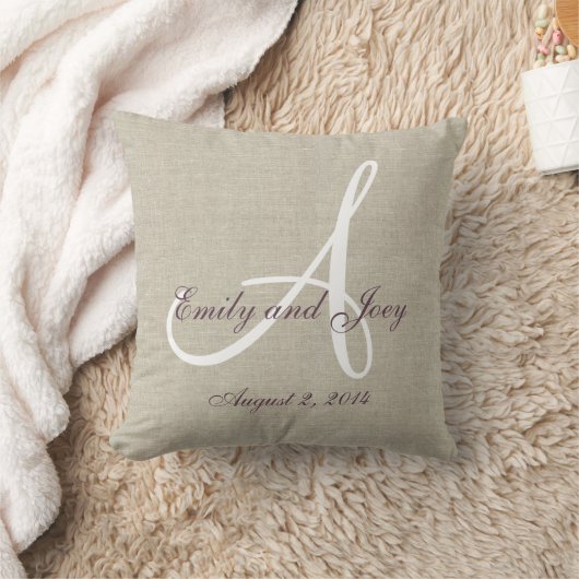 Beige Linen Lila White Monogram Wedding Keepake Kissen (Decke)