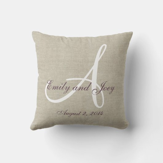 Beige Linen Lila White Monogram Wedding Keepake Kissen (Rückseite)