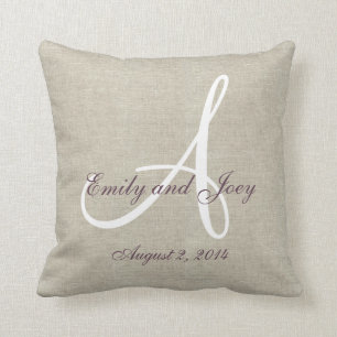 Beige Linen Lila White Monogram Wedding Keepake Kissen