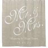 Beige Linen Look Mr. und Mrs. Names Datum Hochzeit Duschvorhang (Vorderseite)