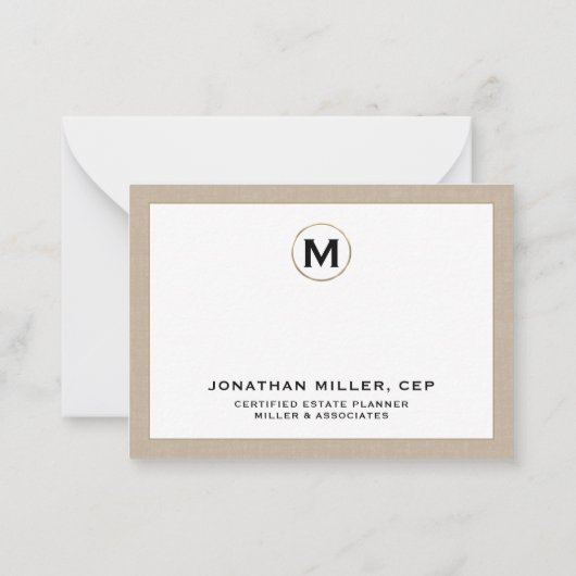 Beige Linen Luxury Gold Erstlogo Mitteilungskarte (Rückseite)