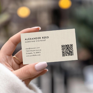 Beige Linen Minimalistisches, Scannable-QR-Logo Visitenkarte
