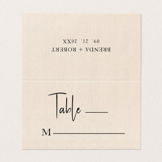 Beige Linen Simple Black Script Wedding Platzkarte Visitenkarten (Außenseite Aufgefaltet)