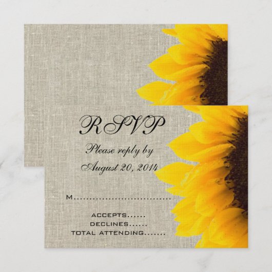 Beige Linen Sunflower Rustic Wedding RSVP (Vorne/Hinten)