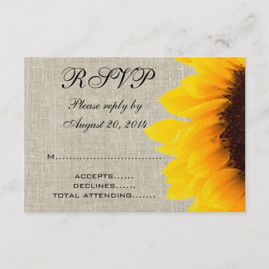 Beige Linen Sunflower Rustic Wedding RSVP Karte (Vorderseite)