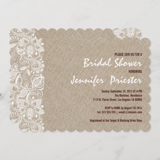 Beige Linen und weiße Blumenspitze Einladung 2 (Vorne/Hinten)