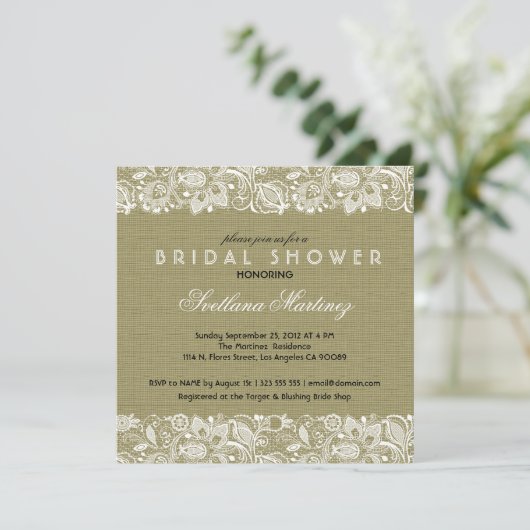 Beige Linen & White Lace Brautparty laden ein Einladung (Stehend Vorderseite)