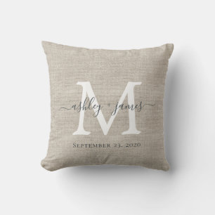 Beige Linen White Monogram Wedding Keepake Kissen