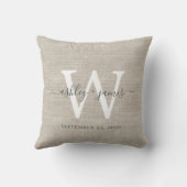 Beige Linen White Monogram Wedding Keepake Kissen (Rückseite)