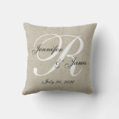 Beige Linen White Monogram Wedding Keepake Pillow Kissen (Rückseite)