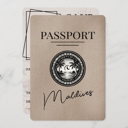 Beige Maldives Passport Save the Date (Vorne/Hinten)