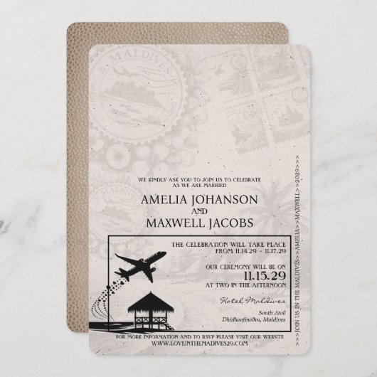 Beige Malediven Passport Hochzeitseinladung Einladung (Vorne/Hinten)