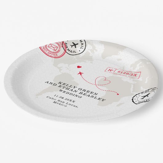 Beige Map-Hochzeit in Urlaubsort Pappteller (Schrägansicht)