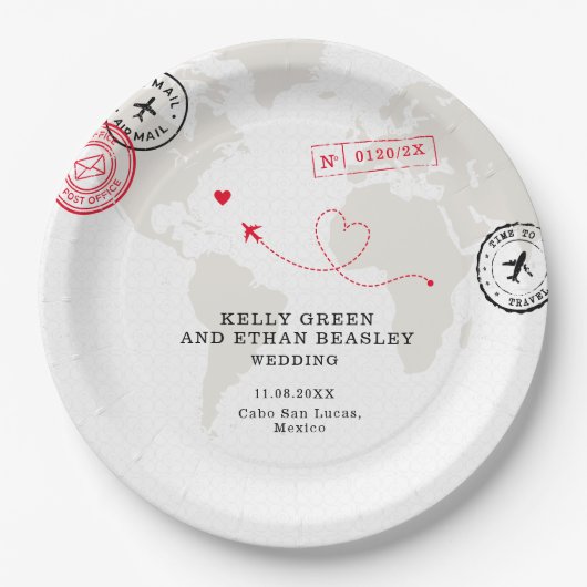 Beige Map-Hochzeit in Urlaubsort Pappteller (Vorderseite)