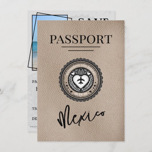Beige Mexico Passport Save the Date (Vorne/Hinten)