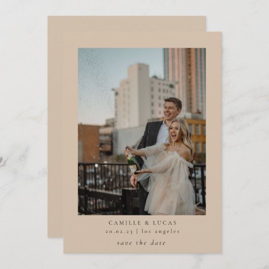 Beige Minimalistisch Elegantes Foto Save the Date Einladung (Vorne/Hinten)