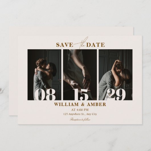 Beige minimalistische Foto-Collage Save The Date (Vorne/Hinten)