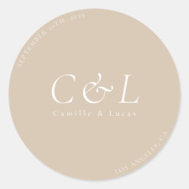 Beige Minimalistische Hochzeitstickerei Runder Aufkleber