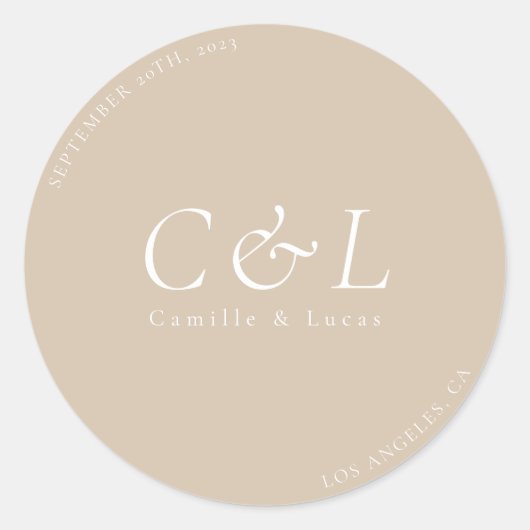 Beige Minimalistische Hochzeitstickerei Runder Aufkleber (Vorderseite)