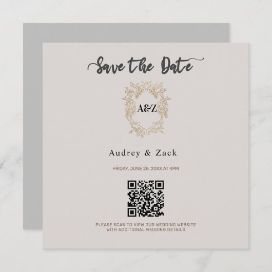 Beige Minimalistische QR SCAN-KARTE Save The Date (Vorne/Hinten)