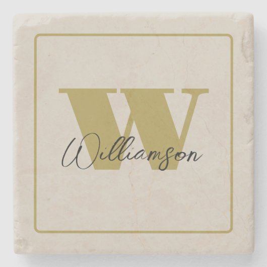 Beige minimalistischer personalisierter goldener A Steinuntersetzer (Vorderseite)