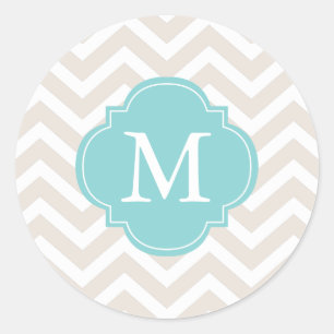 Beige & Mint Zigzags-Muster Monogramm Runder Aufkleber