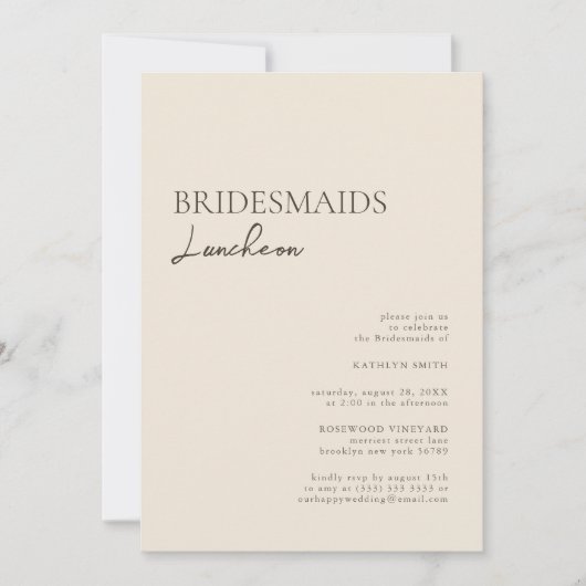 Beige Modern Whimsical Script Bridesmaids Luncheon Einladung (Vorderseite)