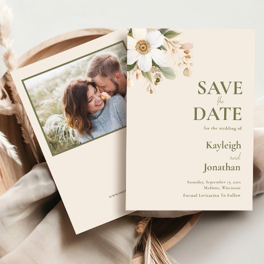 Beige Moderne Hochzeit mit floralfarbenem Foto Save The Date
