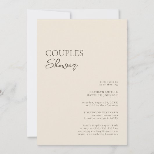 Beige moderne Whimsical Script Couples Dusche Einladung (Vorderseite)