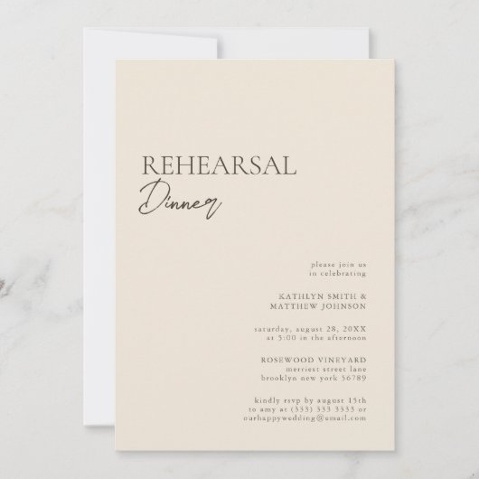Beige Moderne Whimsical Script Probe Dinner Einladung (Vorderseite)