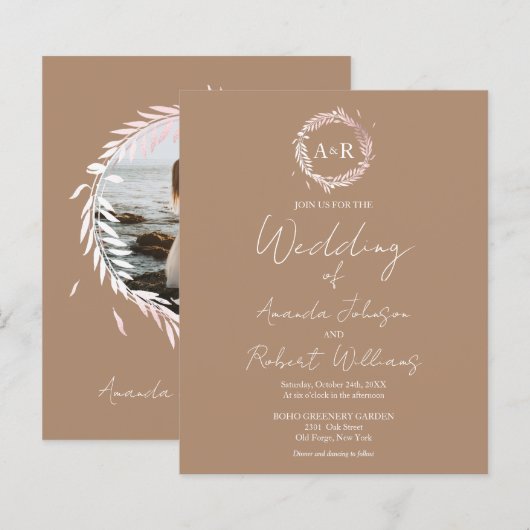 Beige Monogram Budget Wedding Einladungen (Vorne/Hinten)