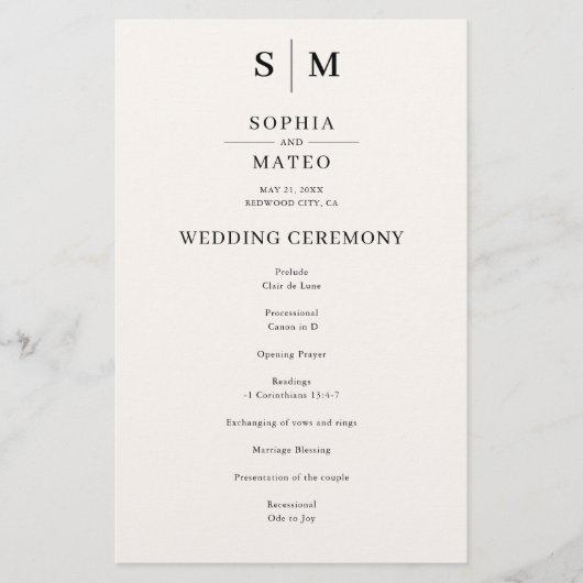 Beige Monogram Classic Wedding Program (Vorderseite)