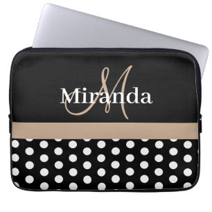 Beige Monogram Schwarz-weiß Polka Dot Laptopschutzhülle