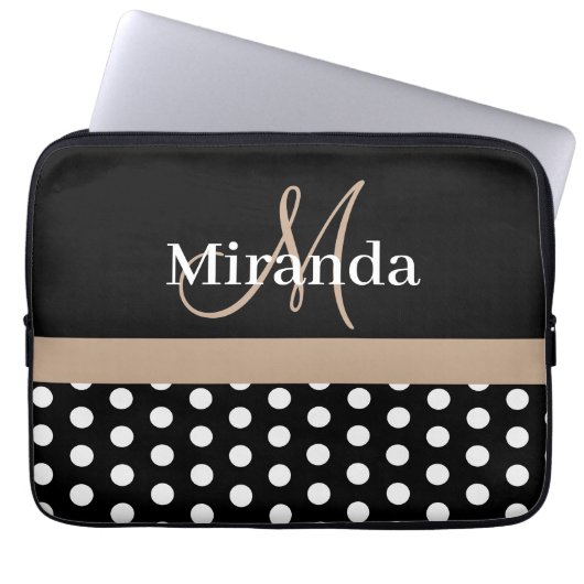 Beige Monogram Schwarz-weiß Polka Dot Laptopschutzhülle (Vorderseite)