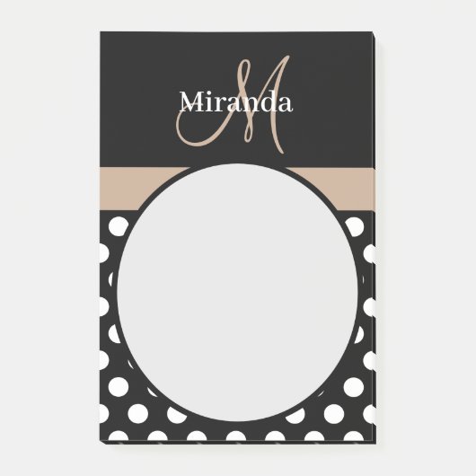 Beige Monogram Schwarz-weiß Polka Dot Post-it Klebezettel (Vorderseite)