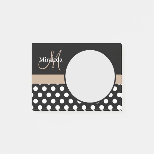 Beige Monogram Schwarz-weiß Polka Dot Post-it Klebezettel (Vorderseite)