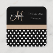 Beige Monogram Schwarz-weiß Polka Dot Quadratische Visitenkarte (Vorderseite)