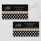 Beige Monogram Schwarz-weiß Polka Dot Visitenkarte (Vorne/Hinten)