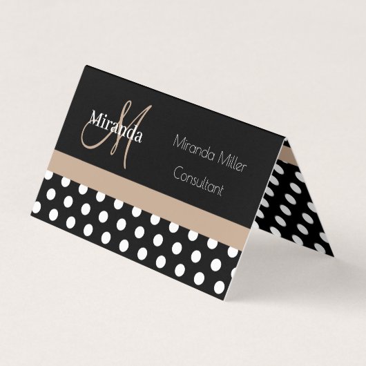 Beige Monogram Schwarz-weiß Polka Dot Visitenkarten (Vorderseite)