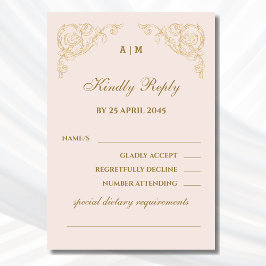 Beige Monogram Vintag Baroque Wedding RSVP Card Karte