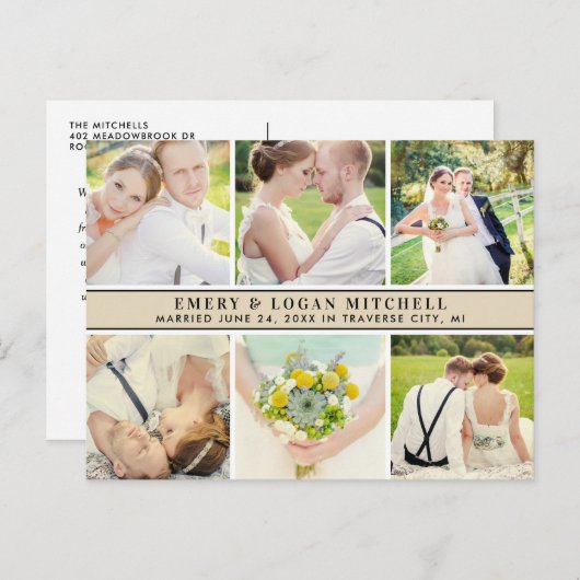 Beige Monogram Wedding Foto Collage Danke Postkarte (Vorne/Hinten)