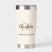 Beige Monogramm Initialen Name einfach Thermobecher (Rückseite)