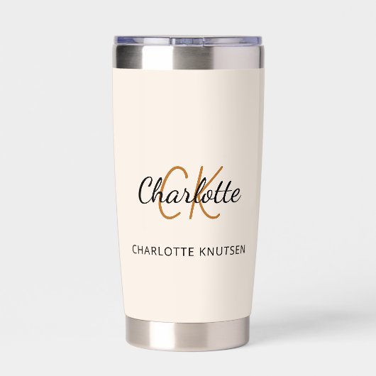 Beige Monogramm Initialen Name einfach Thermobecher (Rückseite)
